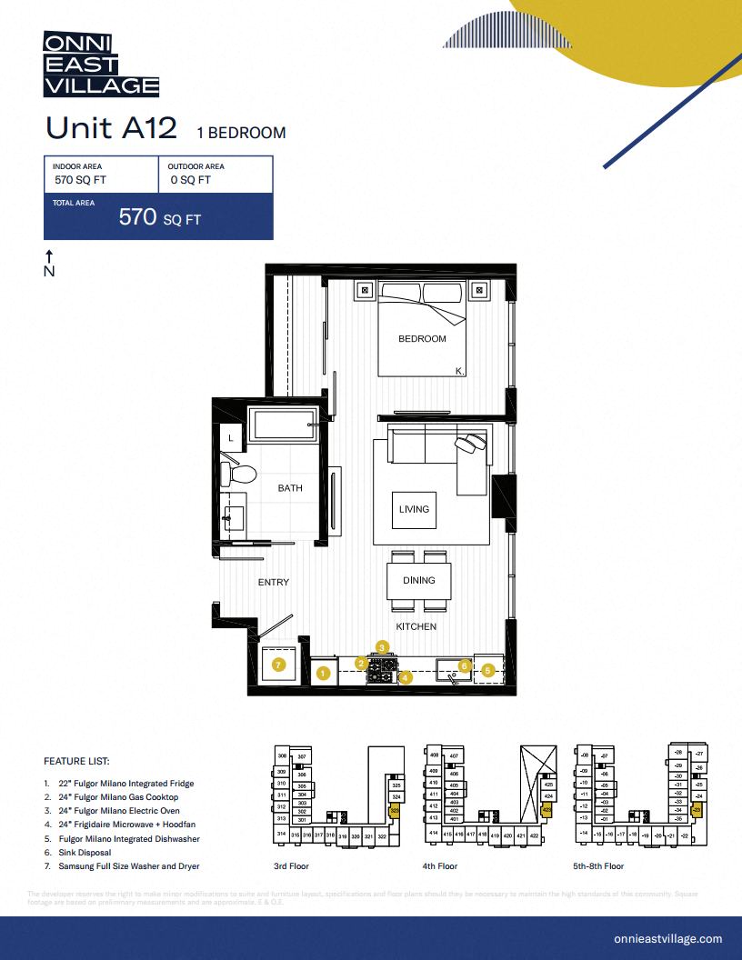 Floor plan for 1 bed, 1 bath, 570 sqft